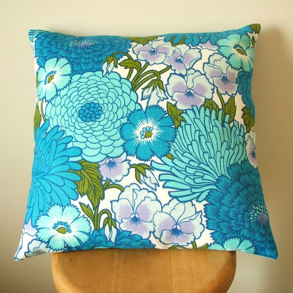 vintage fabric cushion cover in turquoise and midnight by pouch