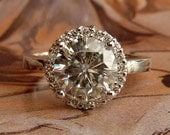 Round Moissanite and Diamond Halo Ring - 14k White Gold
