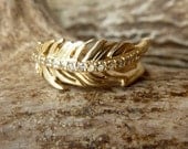 White Diamond Feather Ring - 14k Yellow Gold