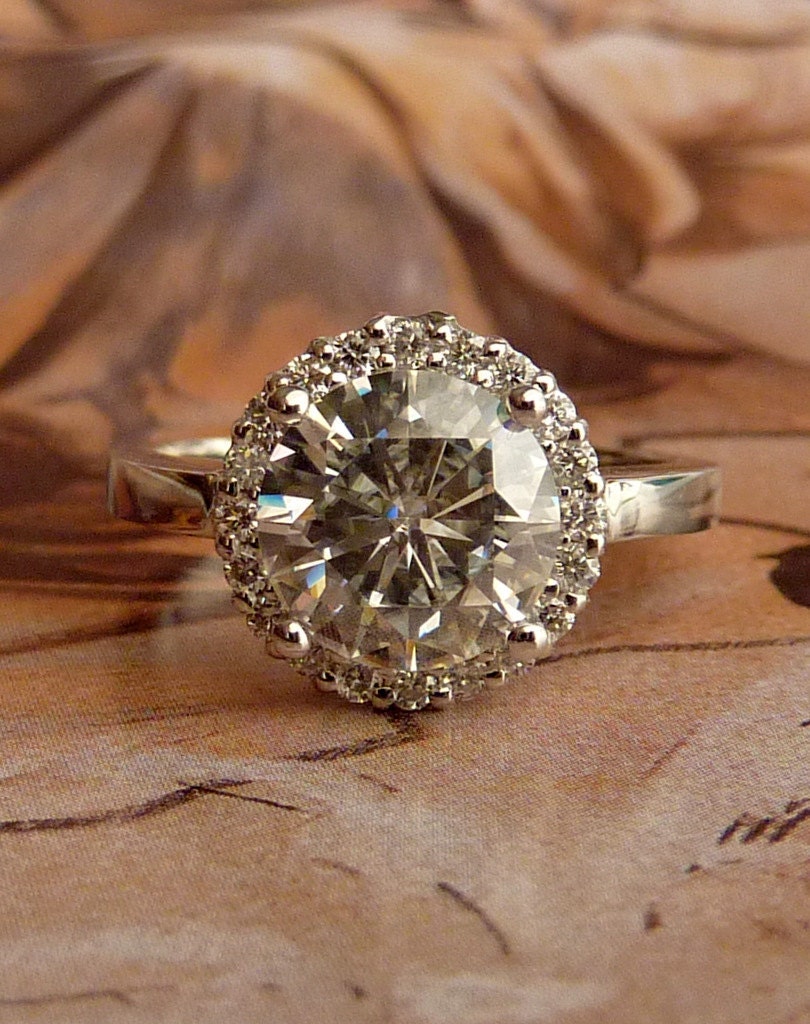 Round Moissanite and Diamond Halo Ring - 14k White Gold