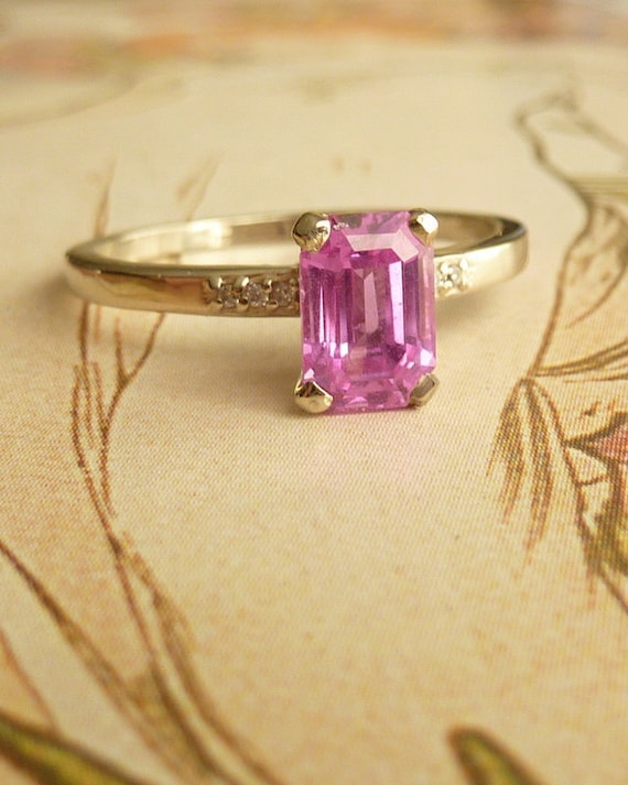 Emerald Cut Pink Sapphire and Diamond Ring