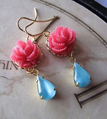 Pink Rose Earrings,  Blue Rhinestone Drops, Woman's Jewelry