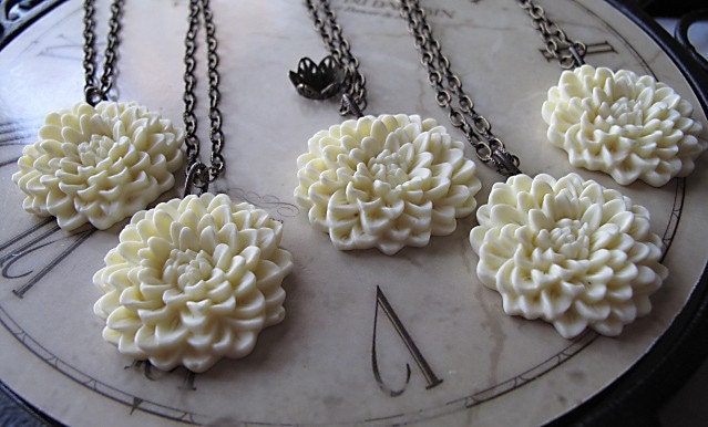Dahlia Flower Antique Brass Necklaces, Vintage Inspired Bridal Jewelry,  Set Of FIVE, You Choose Your Color Flower