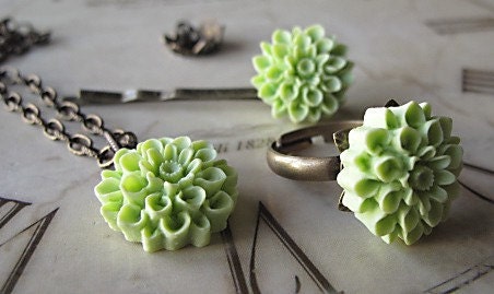 Bridesmaid Jewelry Set, Chrysanthemum  Flower Set, Flower Necklace,  Ring,  And Bobbie Pin,  75 Colors You Choose Your Color