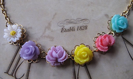 Flower Chain Necklace, Raw Brass, Rose, Daisy, Flower Girls Gift, Little Girls