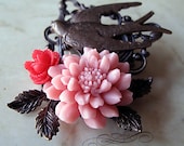 Bird Brooch, Antique Brass Swallow, Coral Chrysanthemum , Pink Rose Flower Pin, Grandmother Gift