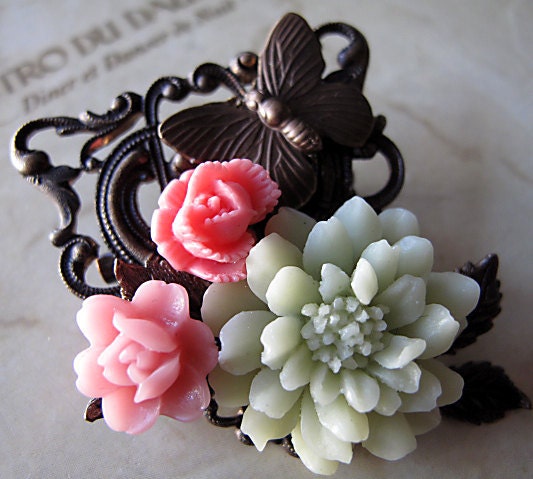 Butterfly Brooch, Antique Brass, Pistachio Chrysanthemum , Coral Rose Flower Pin, Grandmother Gift