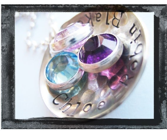 Hand Stamped Necklace - Personalized Jewelry - Sterling Silver Hammered and Textured Pendant Necklace with Birthstones