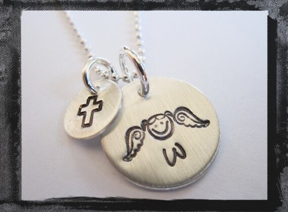 Angel  Necklace Hand Stamped with Cross and Girl or Boy ANGEL Design Stamps and Initial  in Sterling Silver
