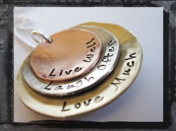 Hammered and Textured Stacked Mixed Metal Pendant Live Laugh Love