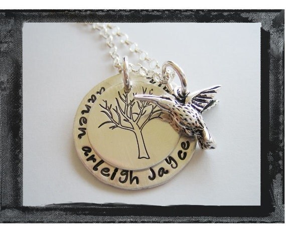 Hand Stamped Sterling Silver Family Tree Necklace with Hummingbird Charm