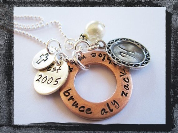Mixed Metal Hand Stamped Necklace - Personalized Necklace Family of Faith Charm Necklace