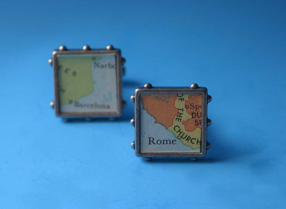 Map Cufflinks  Vintage style- customized with recycled maps