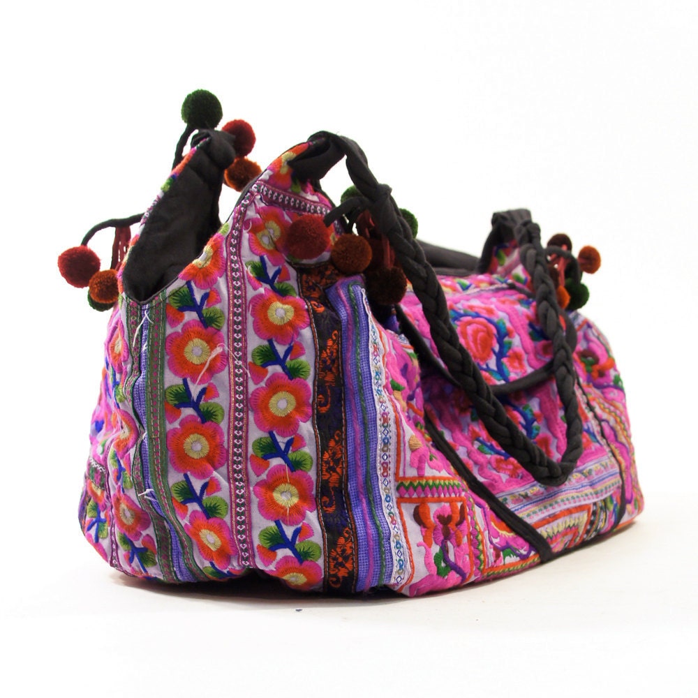 Embroidered Cotton Hobo Bag with Pom Pom Shoulder Straps