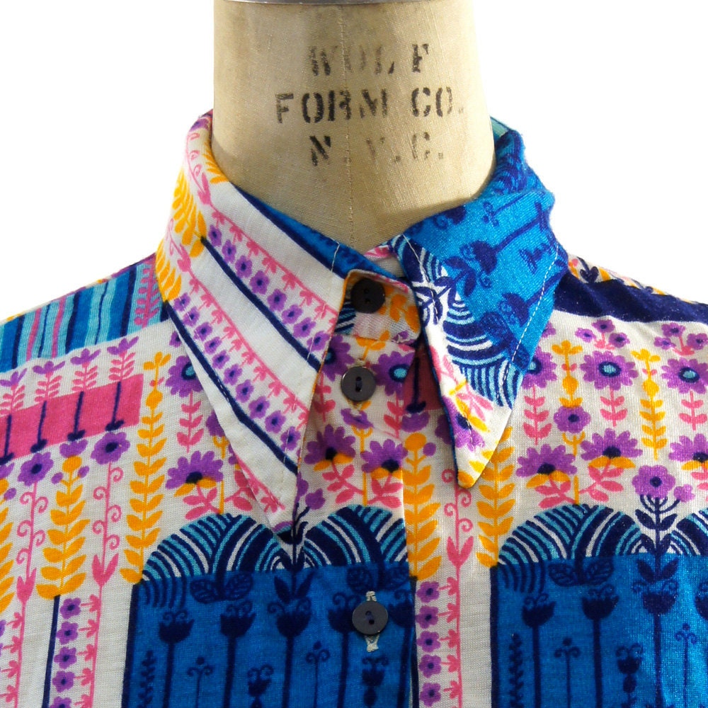 70s Psychedelic Floral Print Pointy Collar Button Up Shirt
