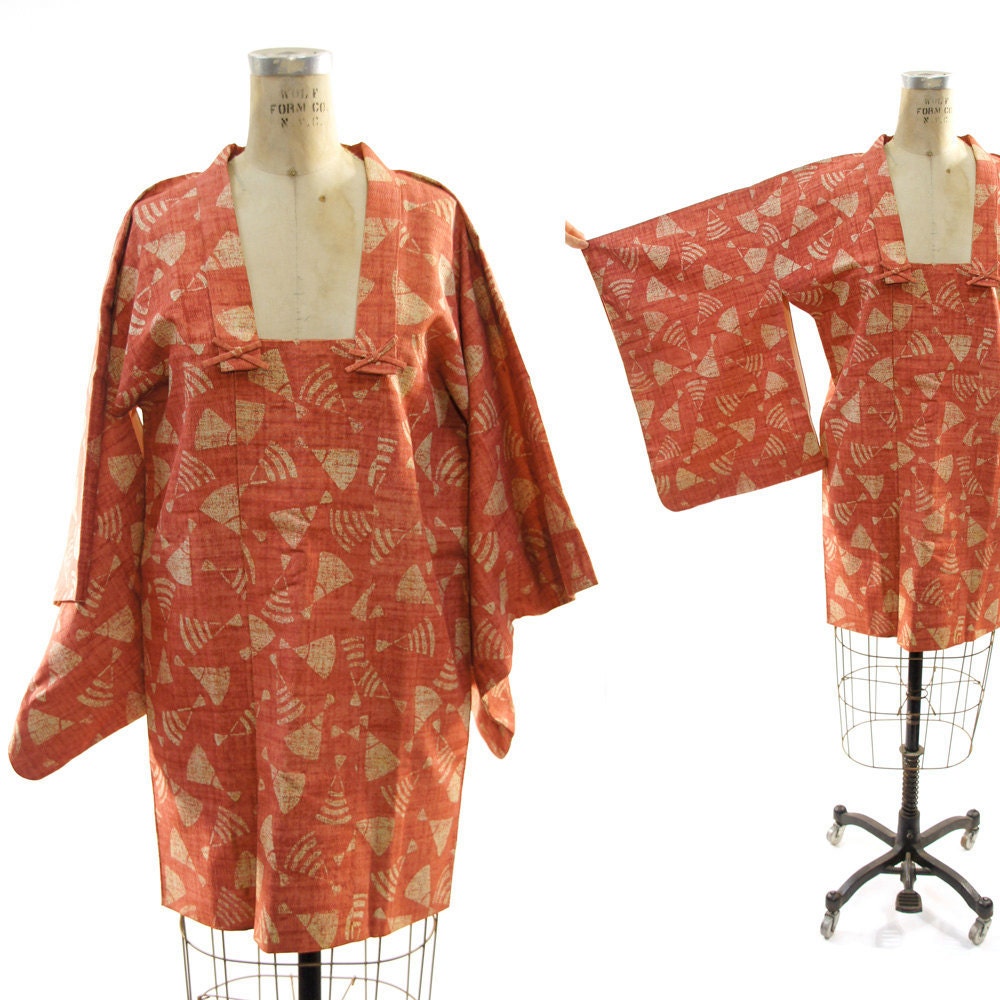 70s Michiyuki Kimono with Woven Abstract Fan Pattern