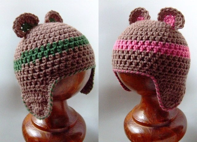 PDF crochet pattern...baby bear beanie earflap cap, sizes newborn to teens