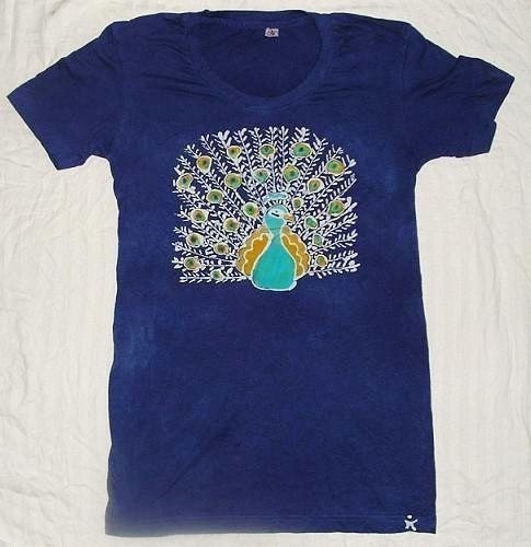 Women's Peacock Bird Tshirt Handmade Batik in Blue or Purple, SIzes- sm, md, lg, xl