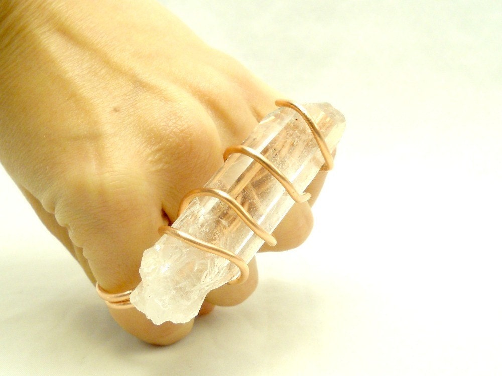 Massive Crystal 4 Finger Ring, Raw Crystal Quartz Brass Knuckles, Raw Stone Jewelry, Handmade by MerCurios