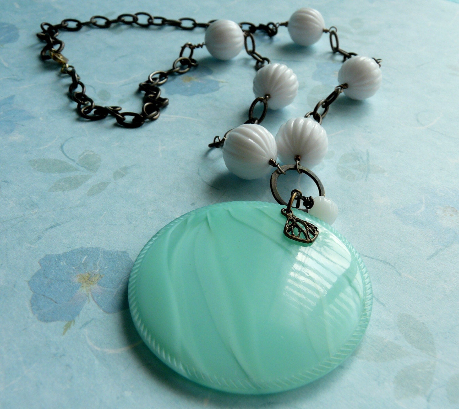 SALE - TAKE 50% OFF - Sweet Jane - Brass Necklace with Vintage Glass Pendant