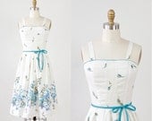 Cream & Blue Floral and Dot Dress with Pleated Skirt