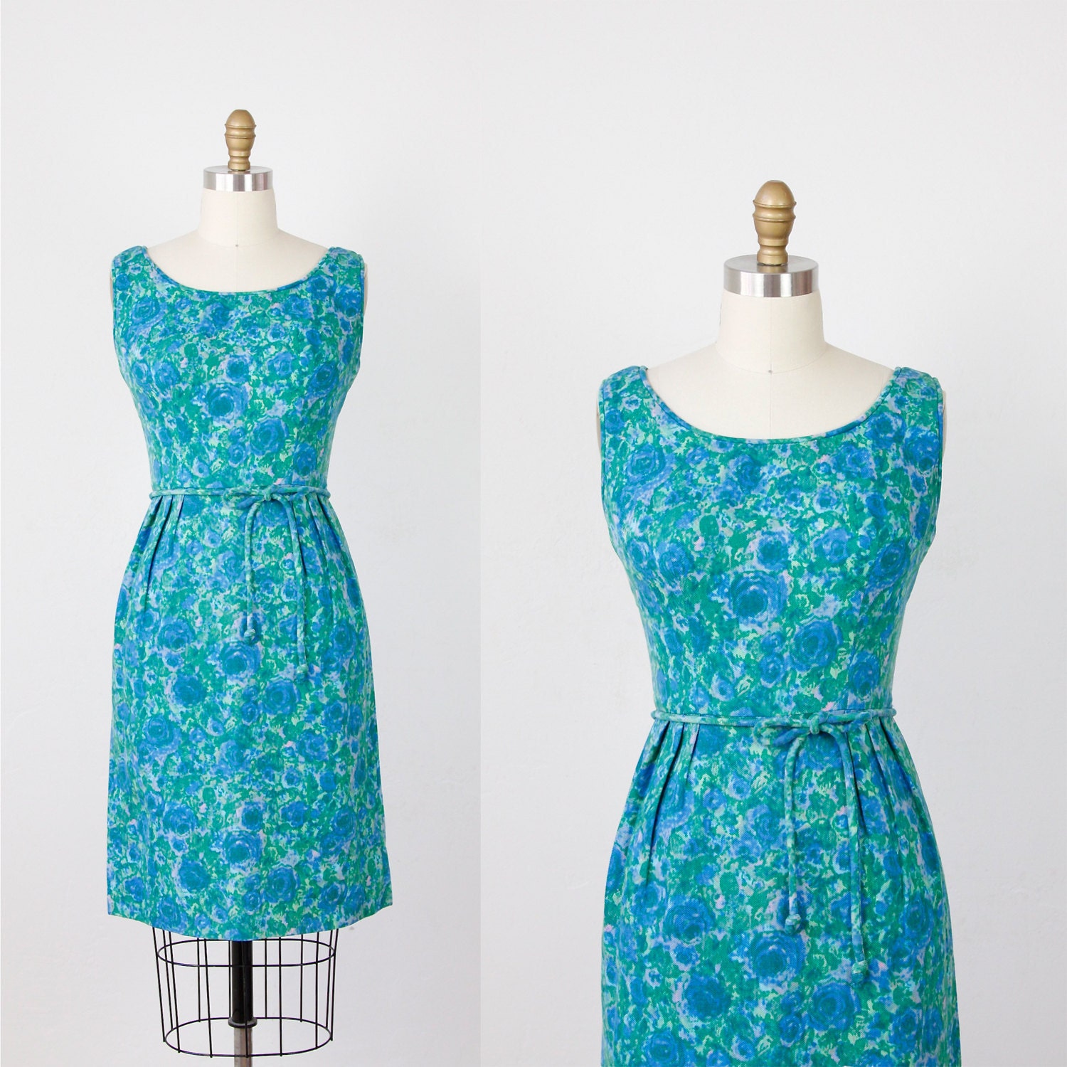 Green and Blue Impressionist Floral Wiggle Dress