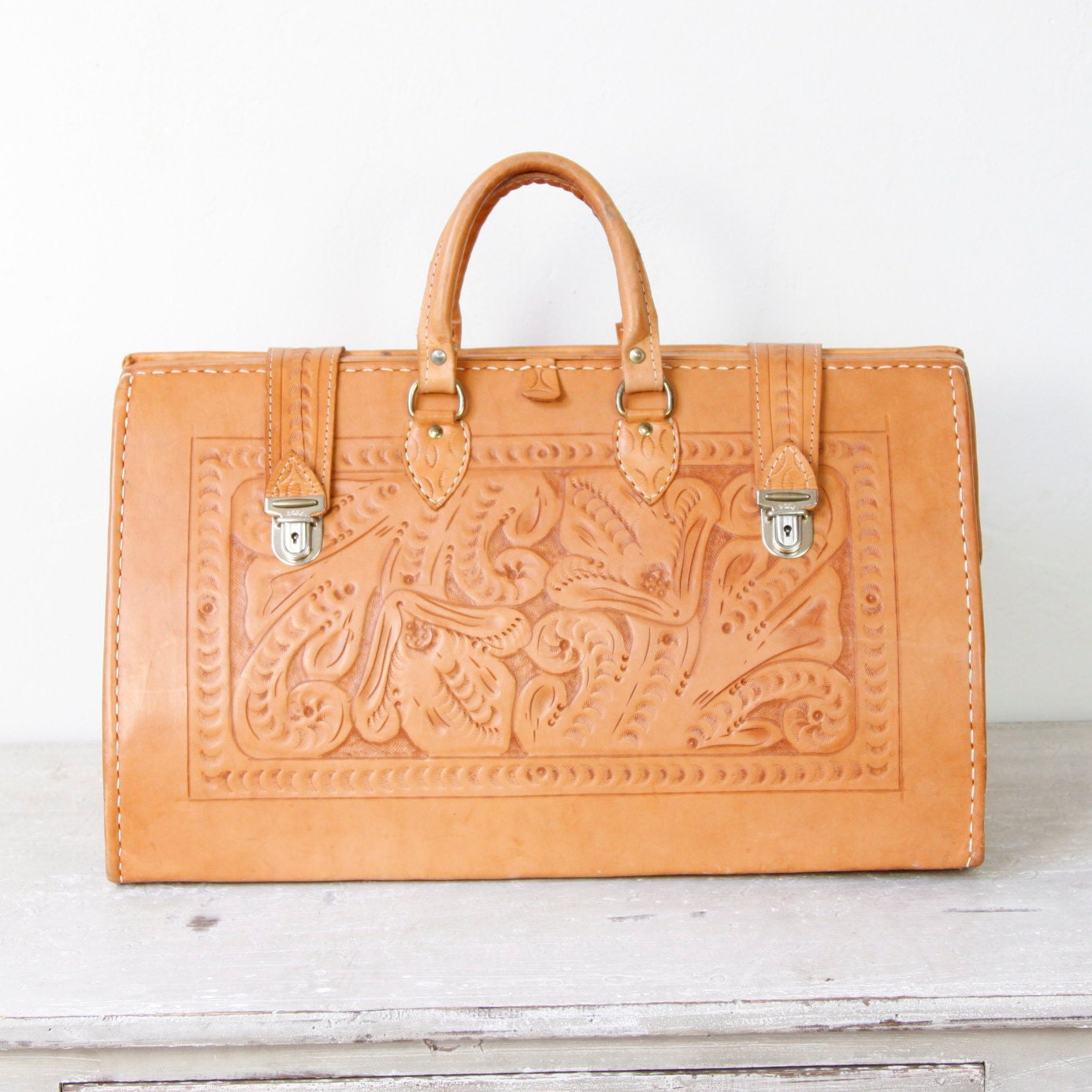 Extra Large Tooled Leather Bag Travel Vintage