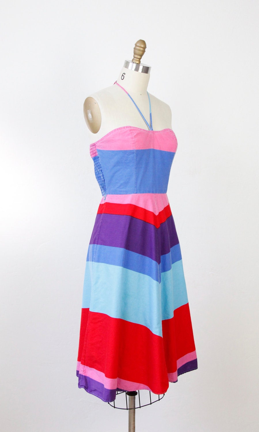 Rainbow Print 1970s Cotton Halter Dress