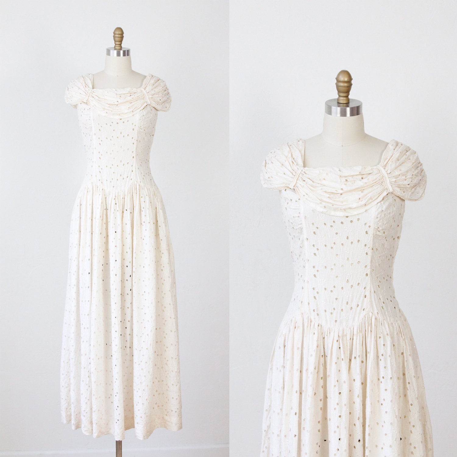 1940s Cream SIlk Embroidered Eyelet Wedding Dress VIntage