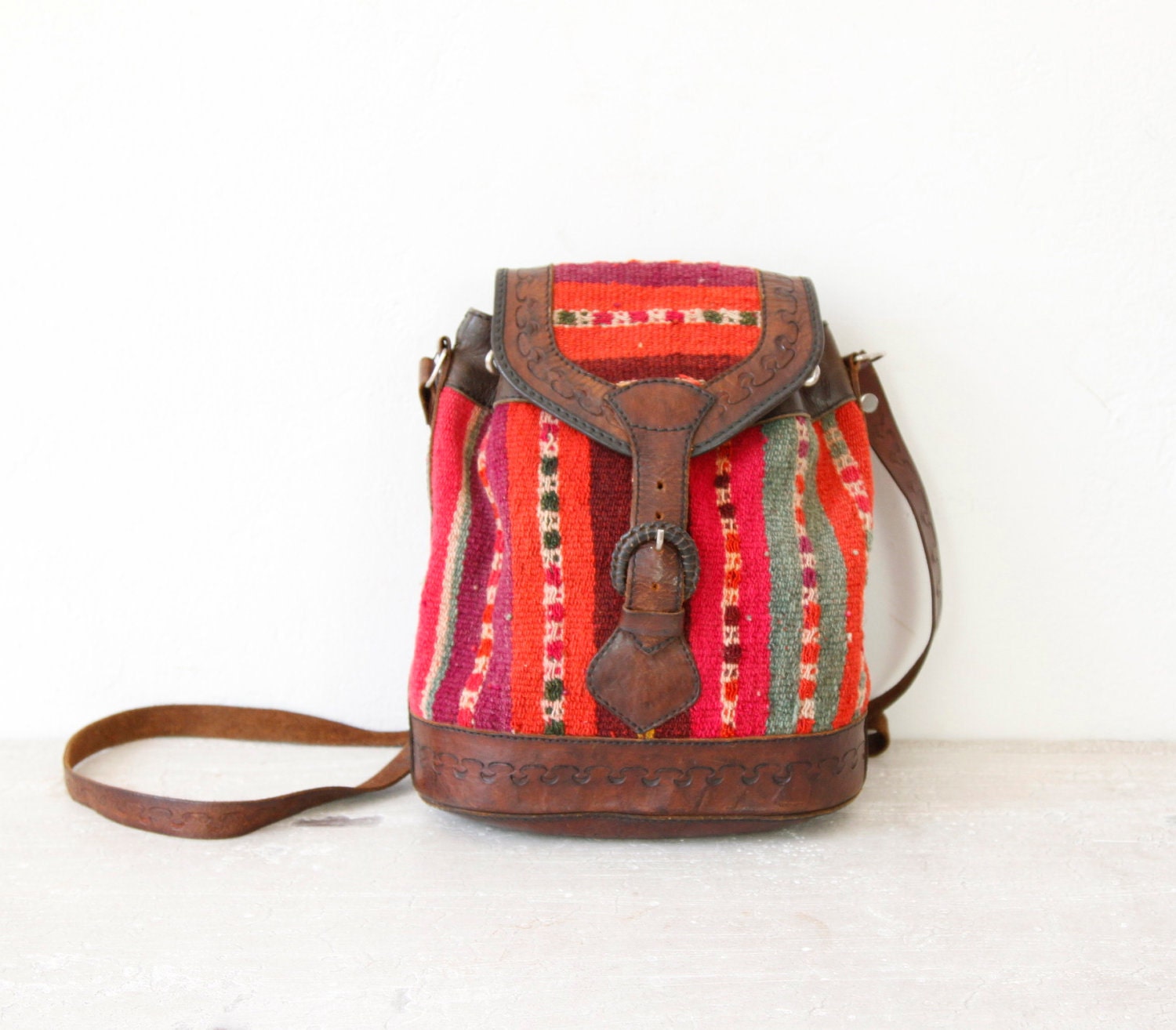 Multi Color Kilim Woven Textile Leather Cross Body Vintage Bag