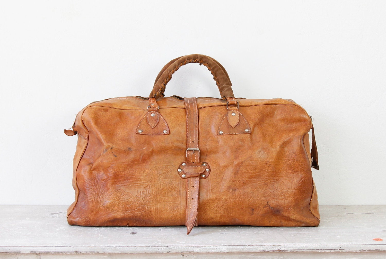 Caramel Leather Travel Satchel Bag Large Vintage