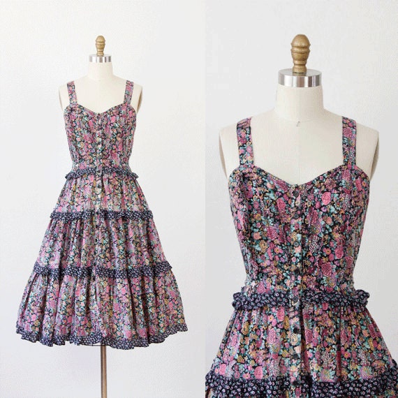 Navy and Pink Floral Buttoned Ruffle Dress Full Skirt