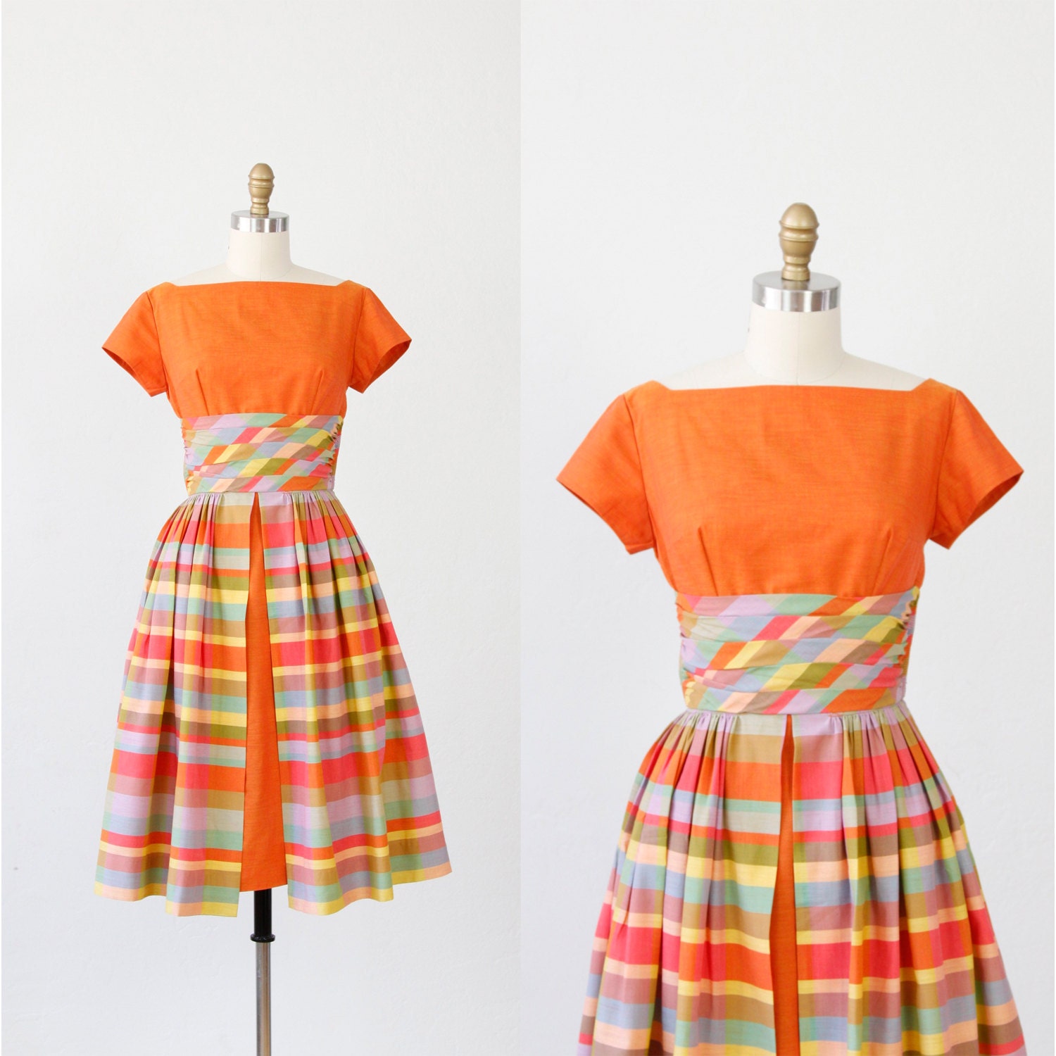 Orange Colorful Stripe Dress with Full Skirt