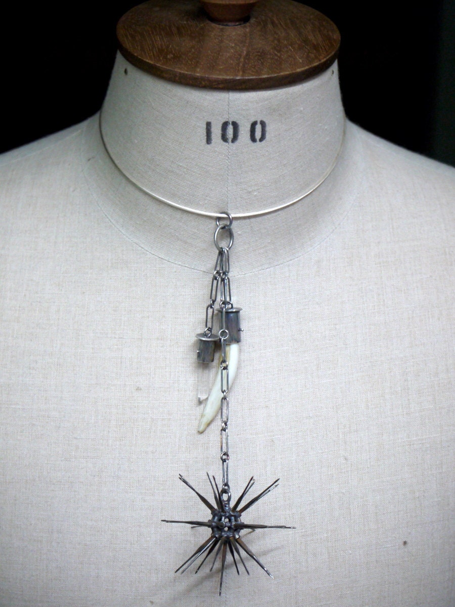 Noli Me Tangere - Pendant made from Boar's Tooth, Quartz and Sewing-Machine Needles