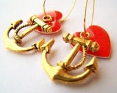 Anchors Earrings, Red Hearts and Rustic Gold Brass Anchor Charms, Nautical Jewelry, Yacht Club Earrings, Sailing Love - Anchors
