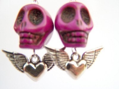 Flying Valentine Skull Earrings, Purple Sugar Skulls with Wings & Hearts on Kidneywires, Day of the Dead Jewelry - Ampora