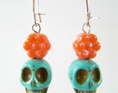 Day of the Dead Earrings, Dia de Los Muertos Earrings, Skull Dangles, Turquoise Sugar Skulls & Orange Czech Glass Flowers - Catrina