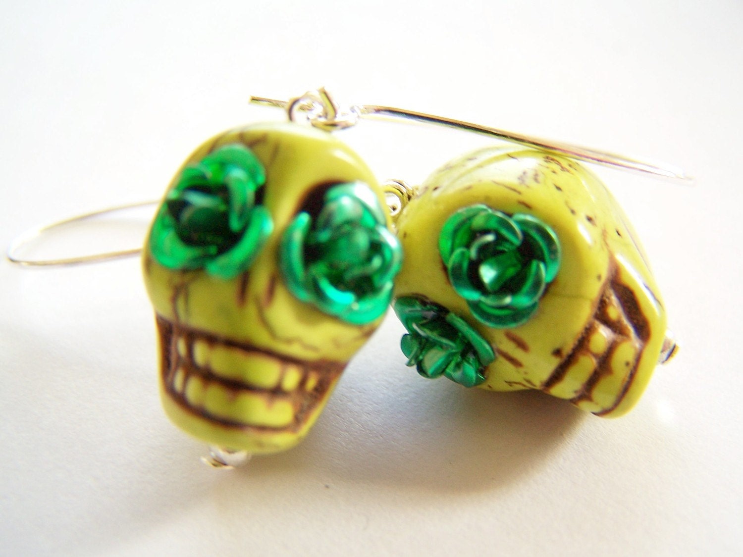 St Patrick's Day Green Skull Earrings, Day of the Dead Earrings, Green with Envy Sugar Skulls, Dia de Los Muertos Jewelry - Calaveras