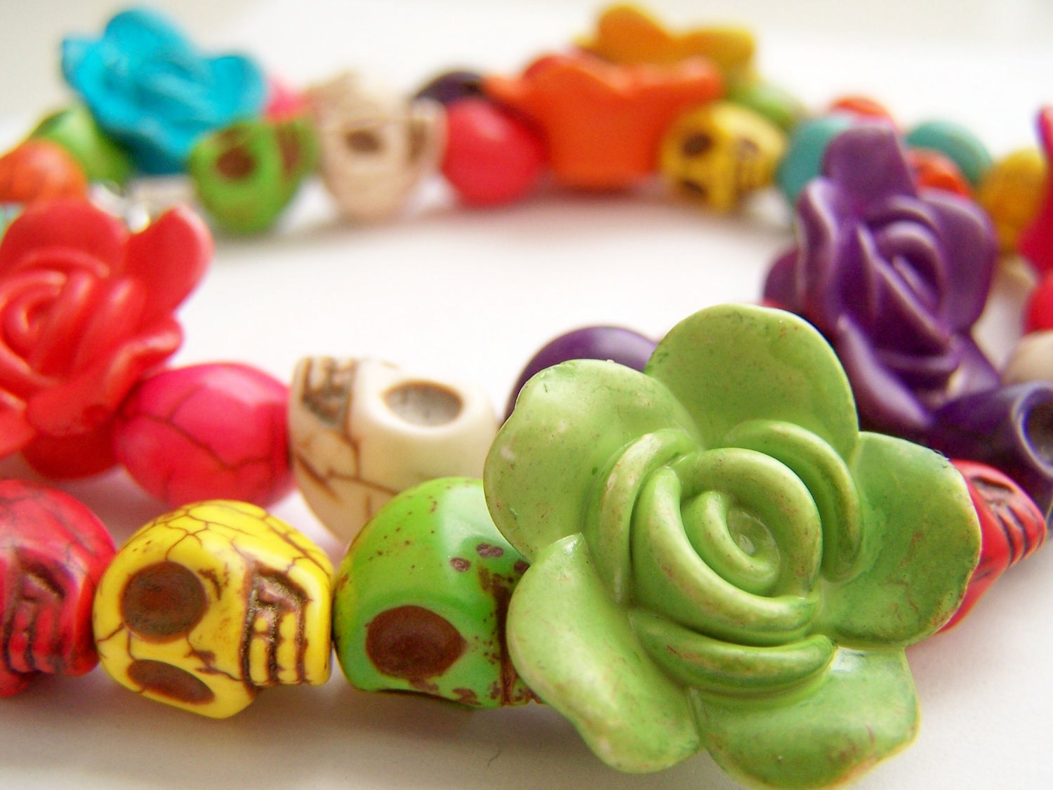 Colorful Skull Necklace,  Day of the Dead Jewelry, Bright Colors, Sugar Skulls & Flowers, Dia de Los Muertos - Flores