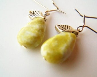 Pear Earrings - Pears - Mini Stone Fruit with Antiqued Leaves on Kidneywires - Yellow-Green Lemon Jade