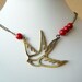 Soaring - Antiqued Brass, Tattoo-Inspired, Flying Bird Necklace on Vintage Chain with Red Jade Stone Accents