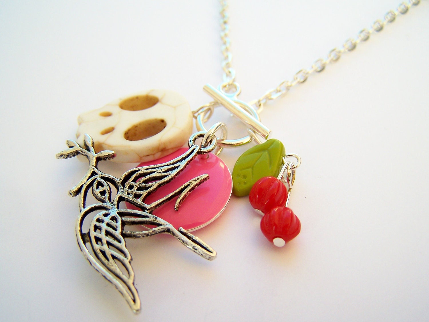 White Sugar Skull Charm Necklace - Rockabilly Tattoo Charms - Front Closing Toggle Clasp and Chain - Swallow & Cherries