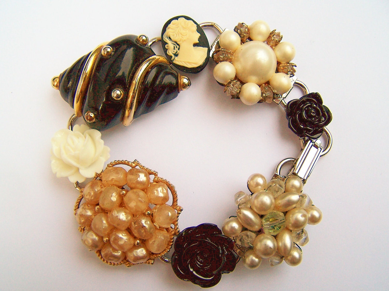 RESERVED for Catherine-Repurposed Vintage Bracelet - 1950s and 1960 Earrings as Revamped Bracelet - Flowers, Pearls, Cameo & Crystals