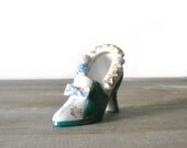 Vintage Porcelain Shoe - Teal High Heel - Applied Roses - Shabby Chic Decor