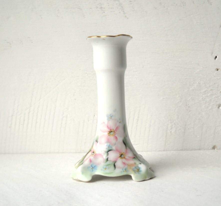 Vintage MZ Austria Candlestick Porcelain Pink Flowers Gold