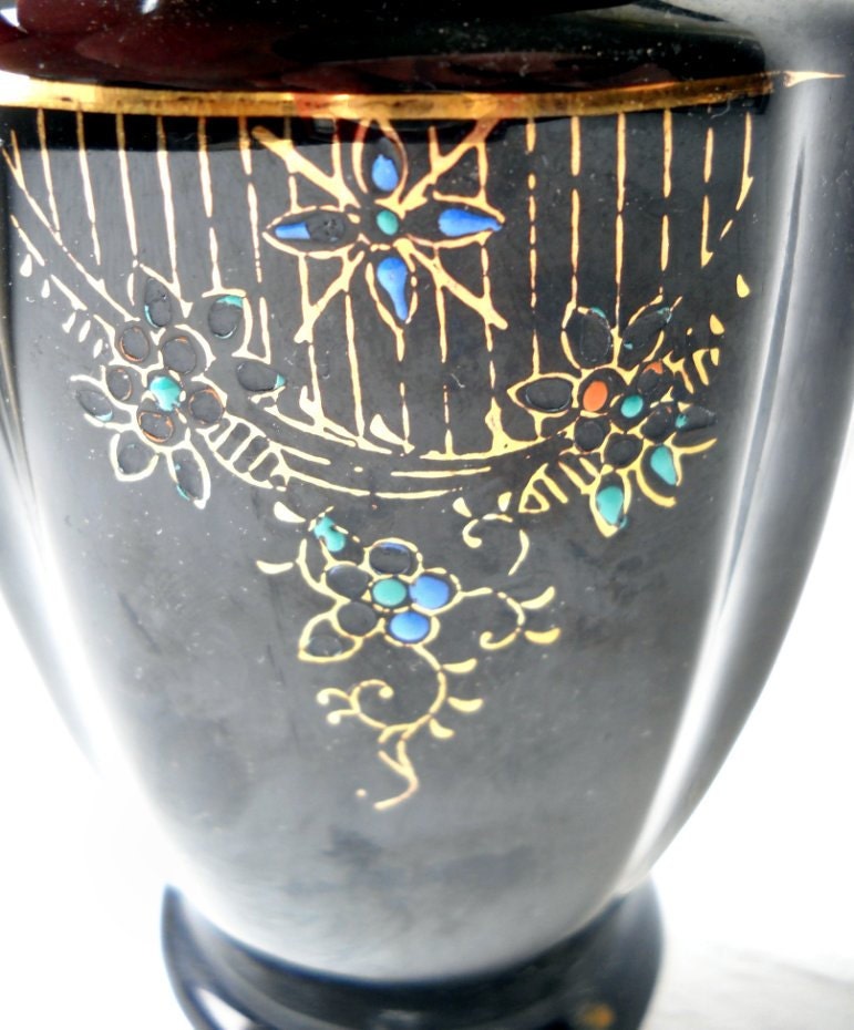 Vintage Redware Pottery Vase - Black Moriage Flowers - Gold Trim
