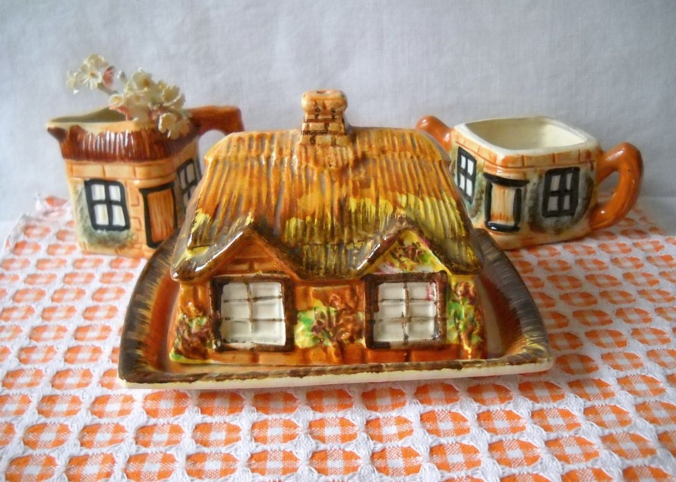 Vintage Cottage Ware Creamer Sugar Covered Butter Cheese Dome Price Bros England 1950s