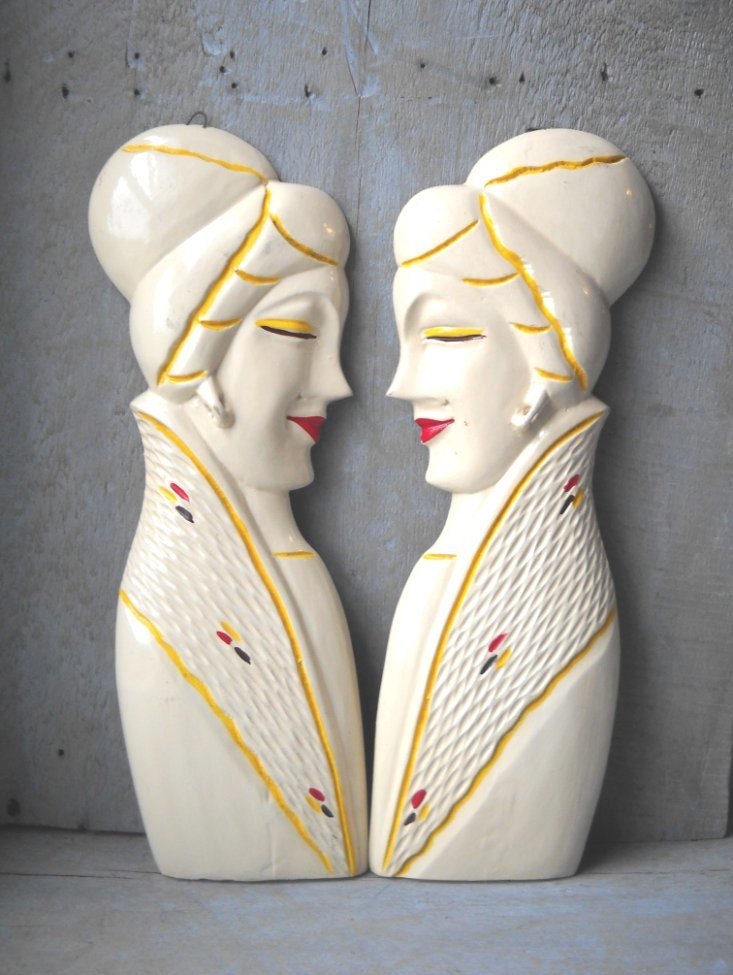 2 FUNKY Carved Wood Wall Plaques HP Kitsch Female 1970s Philippines Polynesian Retro Art