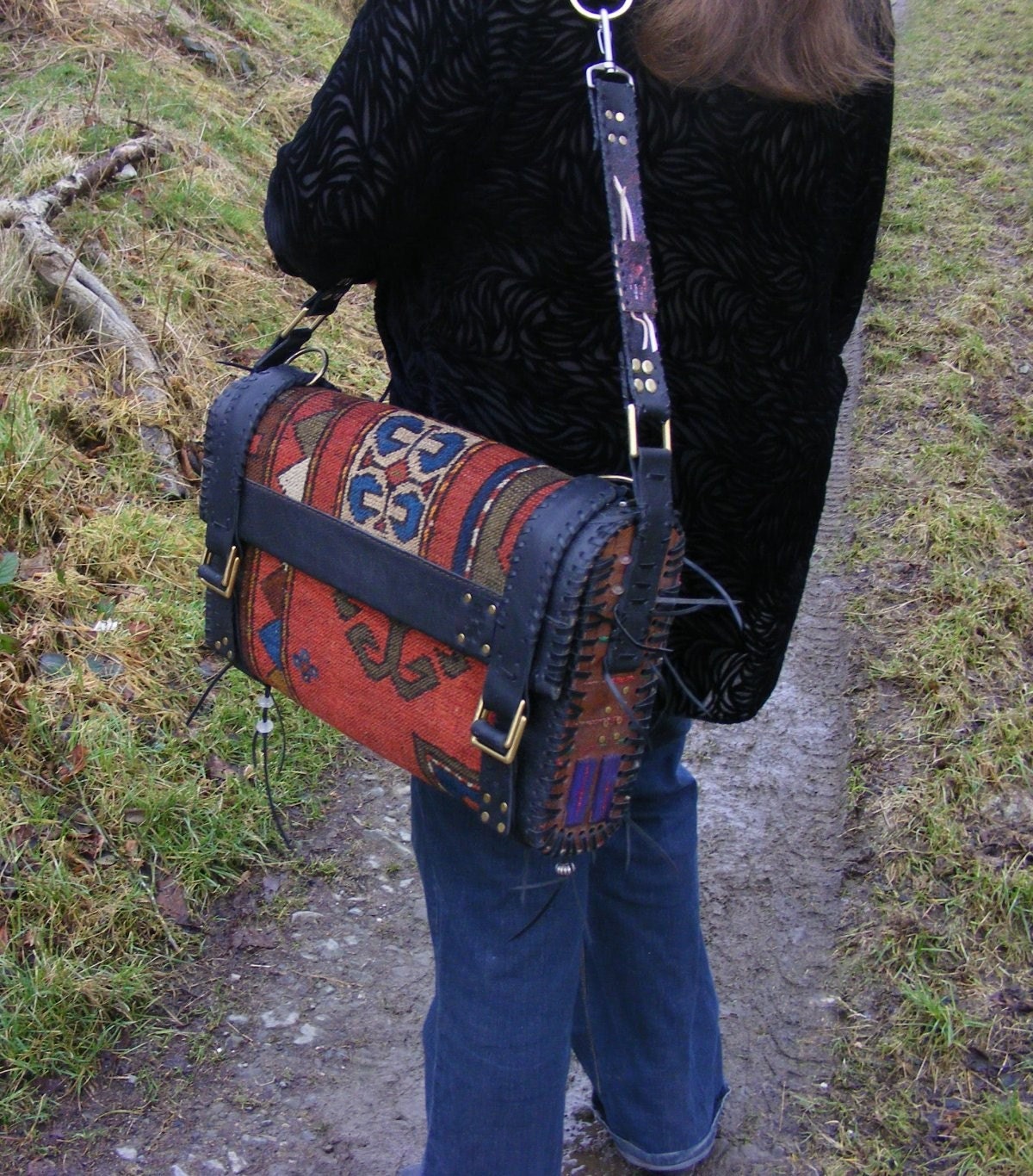 Carpet bag from Antique tribal rug Buffalo hide Mahogany Amethyst Waxed Leather