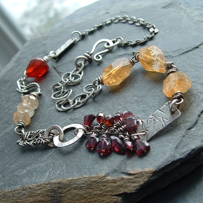 Necklace Sterling silver Short Red and gold Gemstone Wire Wrapped Mixed